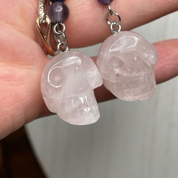 Rose quartz skull carving key chain key ring 7 chakra beads rainbow - Picture 4 of 8